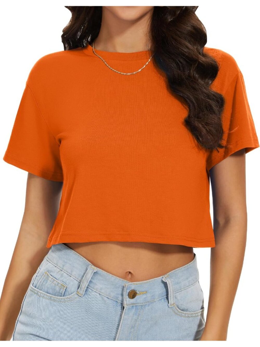 Women's Solid Orange Short Sleeve Round Neck Loose Fit Casual Summer Crop Tops - Picture 5 of 6